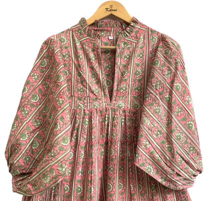 Rose Pink Green Block Print Cotton Maxi Dress – Puff Sleeve Boho Tiered Dress