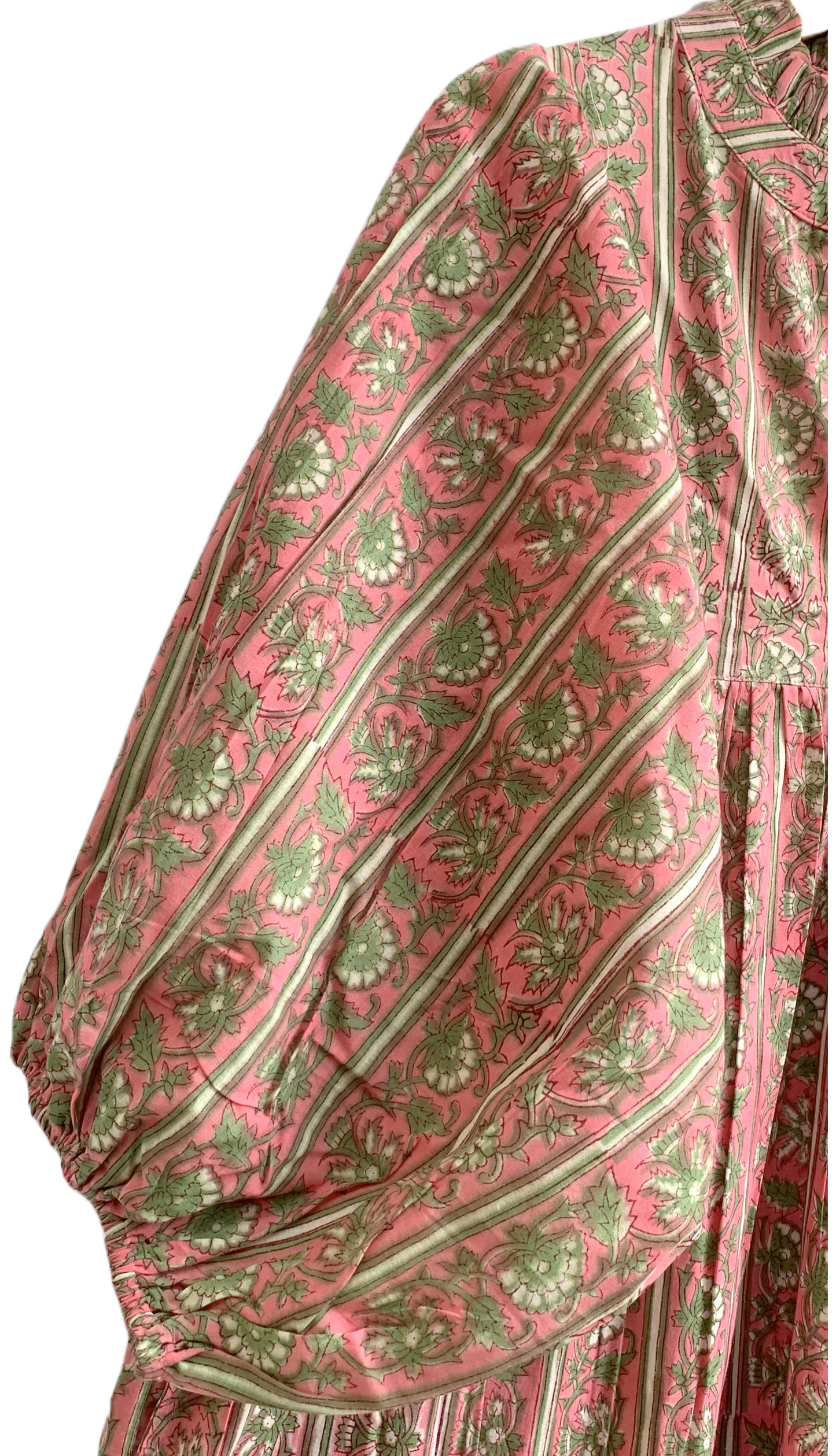 Rose Pink Green Block Print Cotton Maxi Dress – Puff Sleeve Boho Tiered Dress