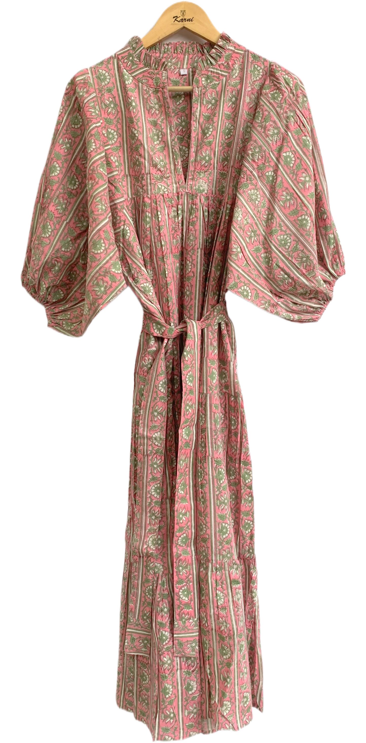 Rose Pink Green Block Print Cotton Maxi Dress – Puff Sleeve Boho Tiered Dress