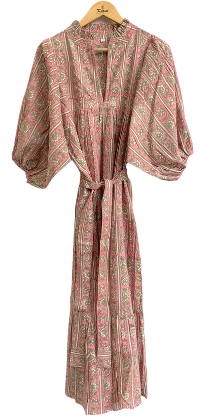 Rose Pink Green Block Print Cotton Maxi Dress – Puff Sleeve Boho Tiered Dress