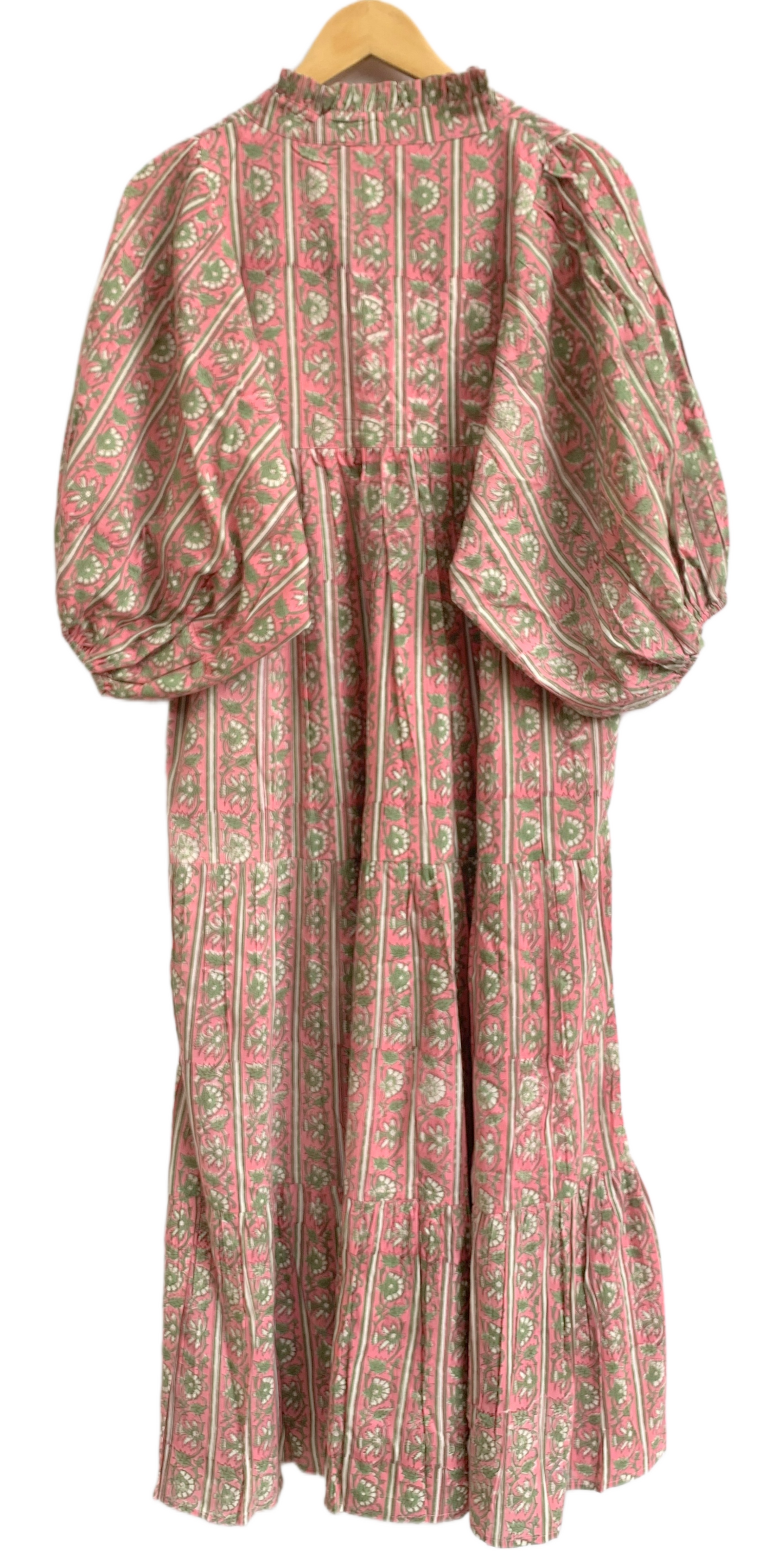 Rose Pink Green Block Print Cotton Maxi Dress – Puff Sleeve Boho Tiered Dress