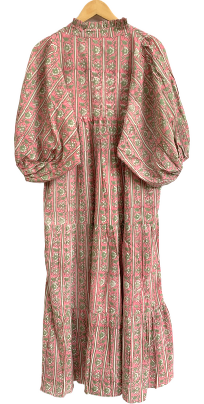 Rose Pink Green Block Print Cotton Maxi Dress – Puff Sleeve Boho Tiered Dress