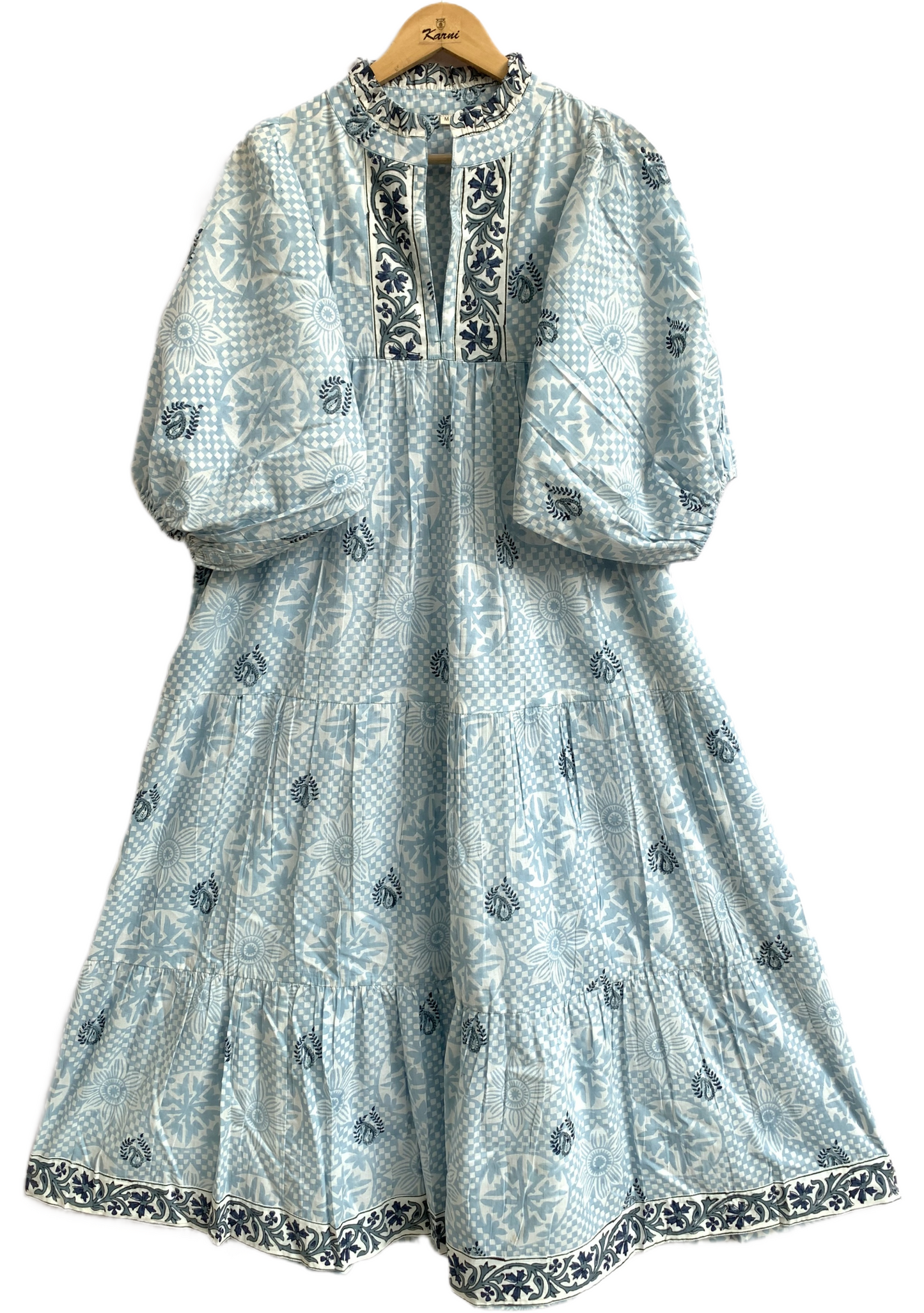 Light Blue Floral Hand Block Printed Cotton Maxi Dress – Indian Boho Tiered Long Dress