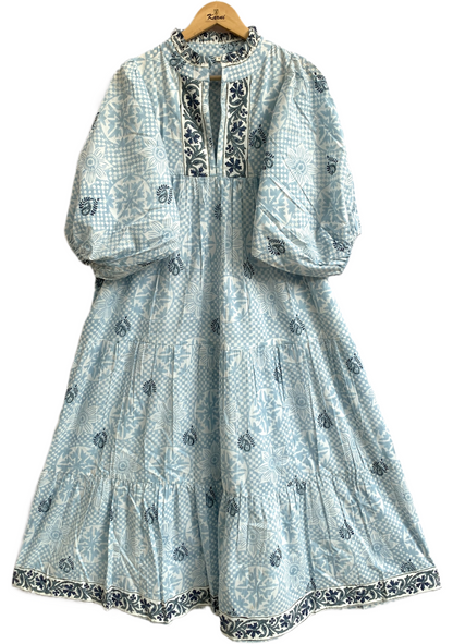 Light Blue Floral Hand Block Printed Cotton Maxi Dress – Indian Boho Tiered Long Dress