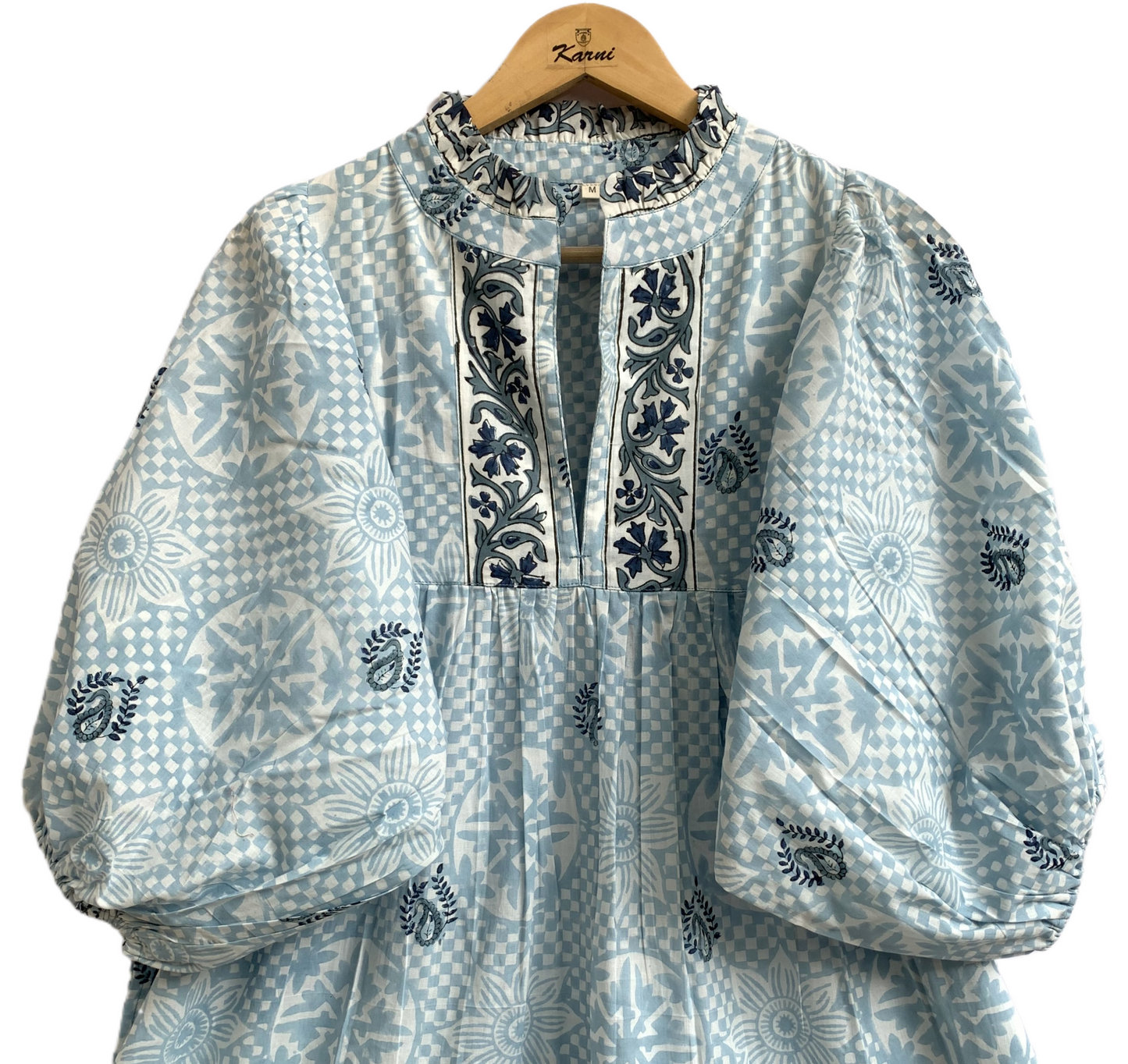 Light Blue Floral Hand Block Printed Cotton Maxi Dress – Indian Boho Tiered Long Dress