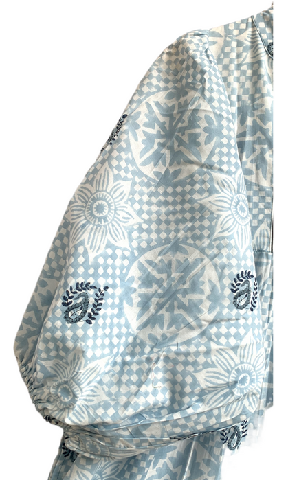 Light Blue Floral Hand Block Printed Cotton Maxi Dress – Indian Boho Tiered Long Dress