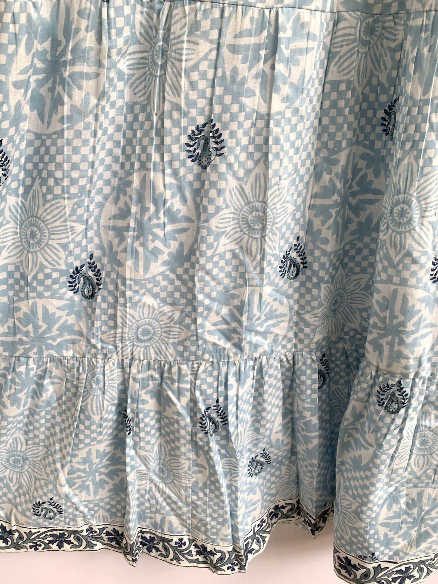 Light Blue Floral Hand Block Printed Cotton Maxi Dress – Indian Boho Tiered Long Dress