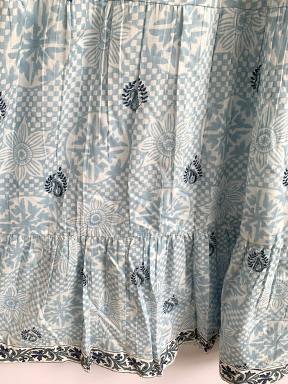 Light Blue Floral Hand Block Printed Cotton Maxi Dress – Indian Boho Tiered Long Dress