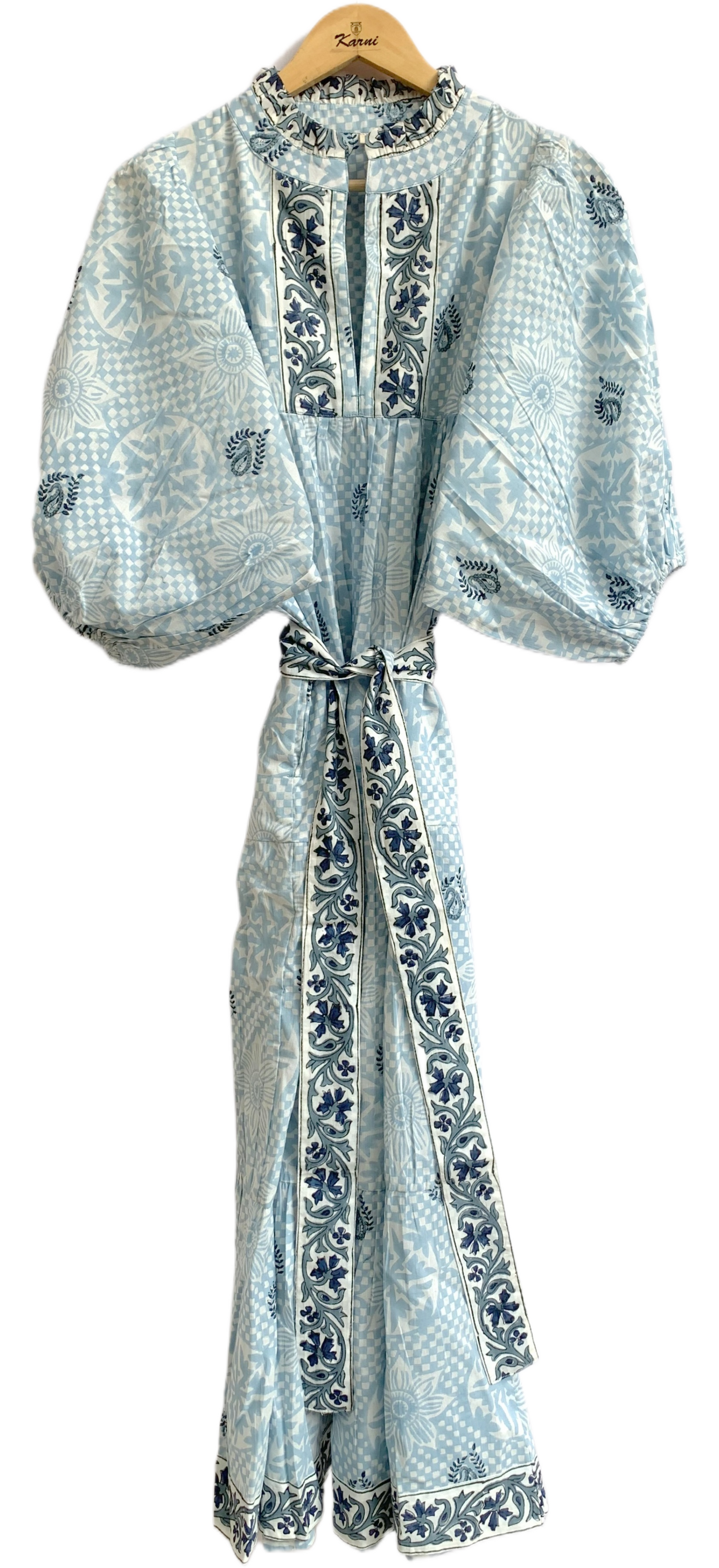 Light Blue Floral Hand Block Printed Cotton Maxi Dress – Indian Boho Tiered Long Dress