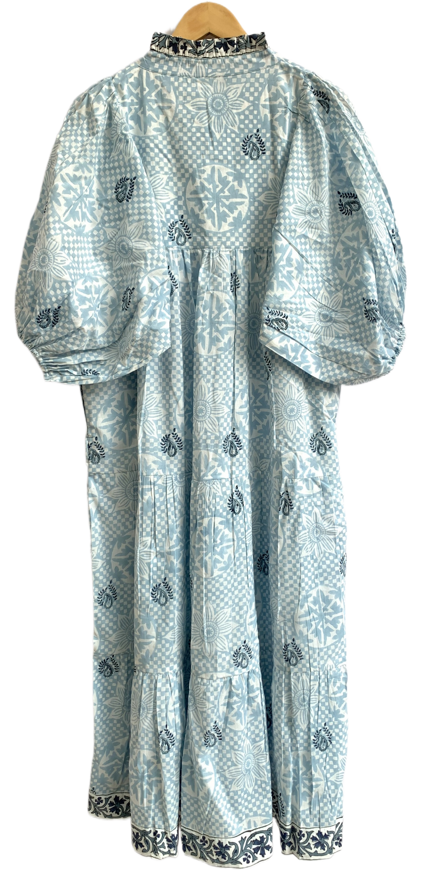 Light Blue Floral Hand Block Printed Cotton Maxi Dress – Indian Boho Tiered Long Dress