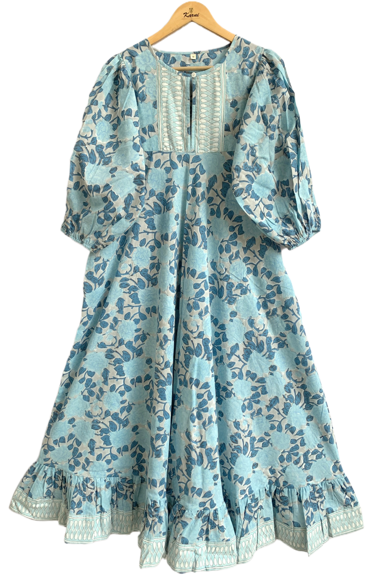 Sky Blue Floral Hand Block Printed Cotton Maxi Dress – Indian Boho Tiered Long Dress