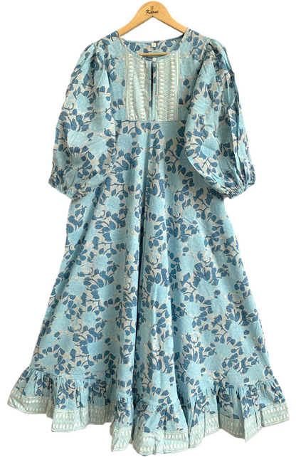 Sky Blue Floral Hand Block Printed Cotton Maxi Dress – Indian Boho Tiered Long Dress
