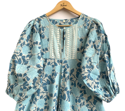 Sky Blue Floral Hand Block Printed Cotton Maxi Dress – Indian Boho Tiered Long Dress