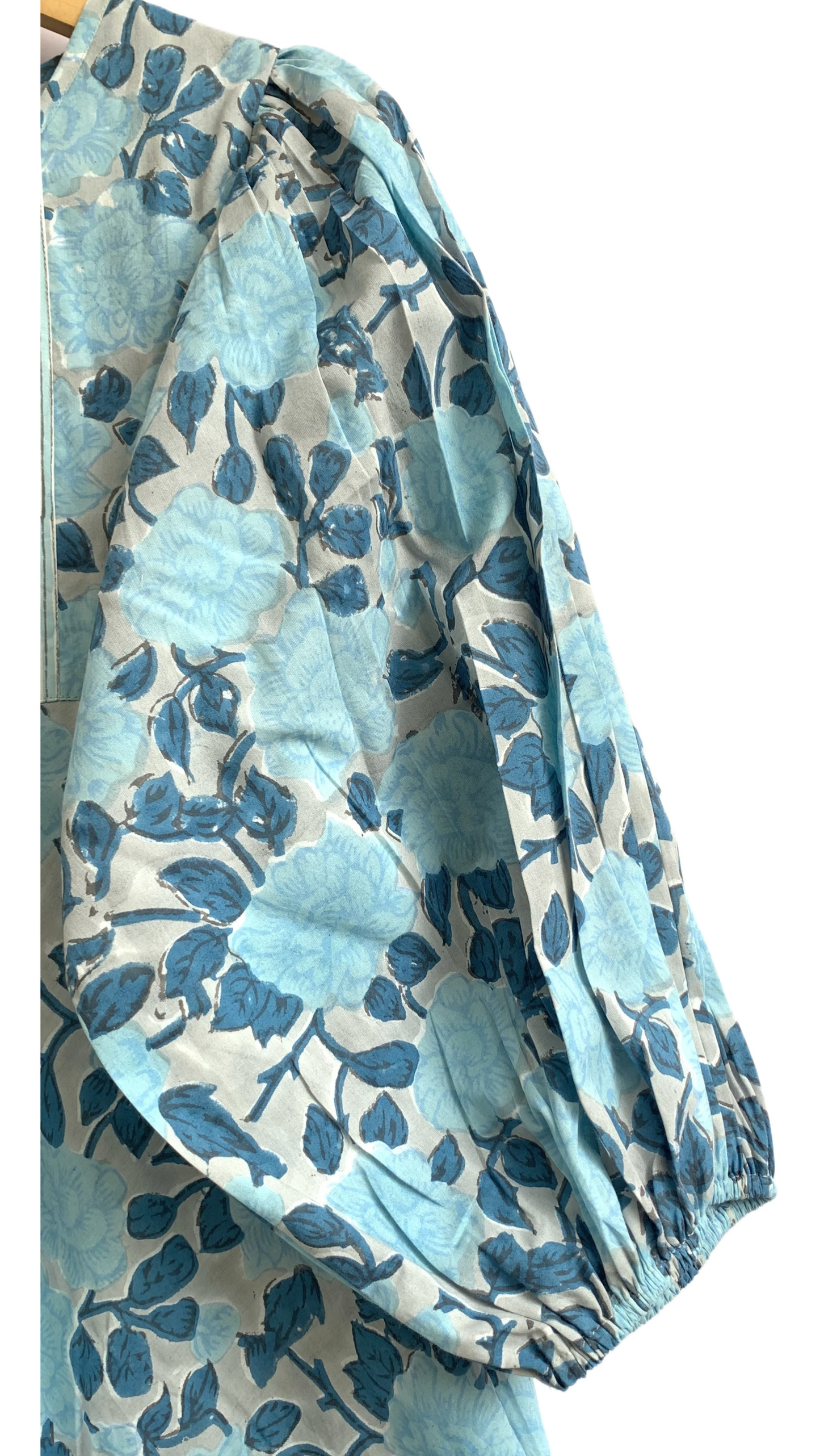 Sky Blue Floral Hand Block Printed Cotton Maxi Dress – Indian Boho Tiered Long Dress