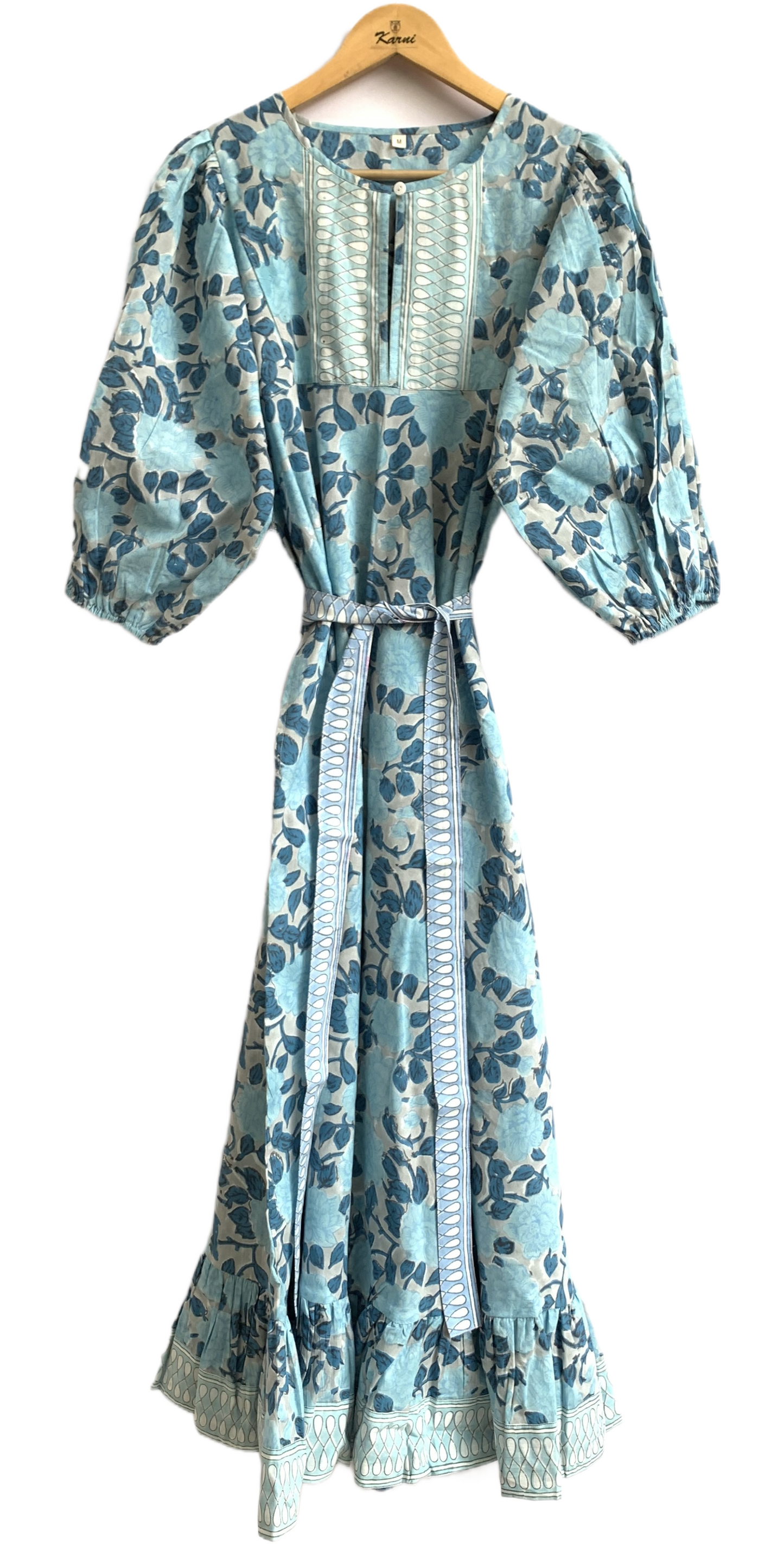 Sky Blue Floral Hand Block Printed Cotton Maxi Dress – Indian Boho Tiered Long Dress