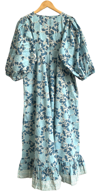 Sky Blue Floral Hand Block Printed Cotton Maxi Dress – Indian Boho Tiered Long Dress