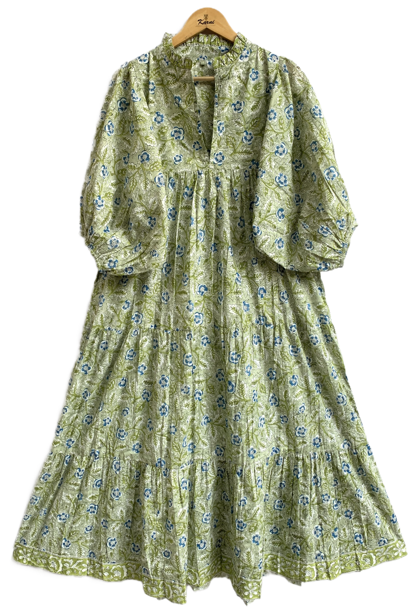 Olive Green Floral Hand Block Printed Cotton Maxi Dress – Indian Boho Tiered Long Dress