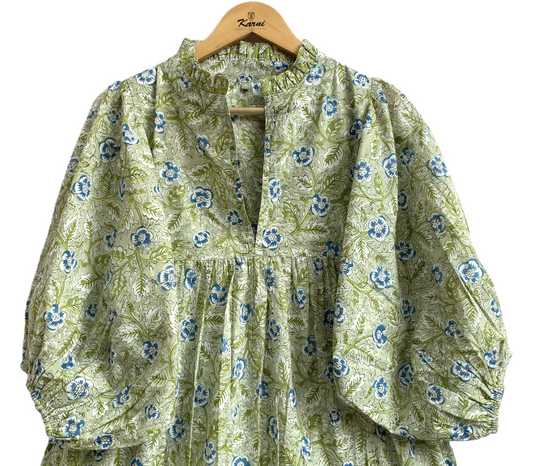 Olive Green Floral Hand Block Printed Cotton Maxi Dress – Indian Boho Tiered Long Dress