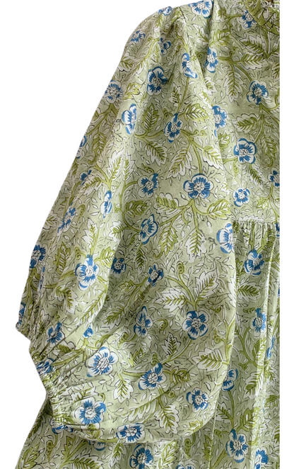 Olive Green Floral Hand Block Printed Cotton Maxi Dress – Indian Boho Tiered Long Dress