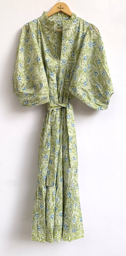Olive Green Floral Hand Block Printed Cotton Maxi Dress – Indian Boho Tiered Long Dress