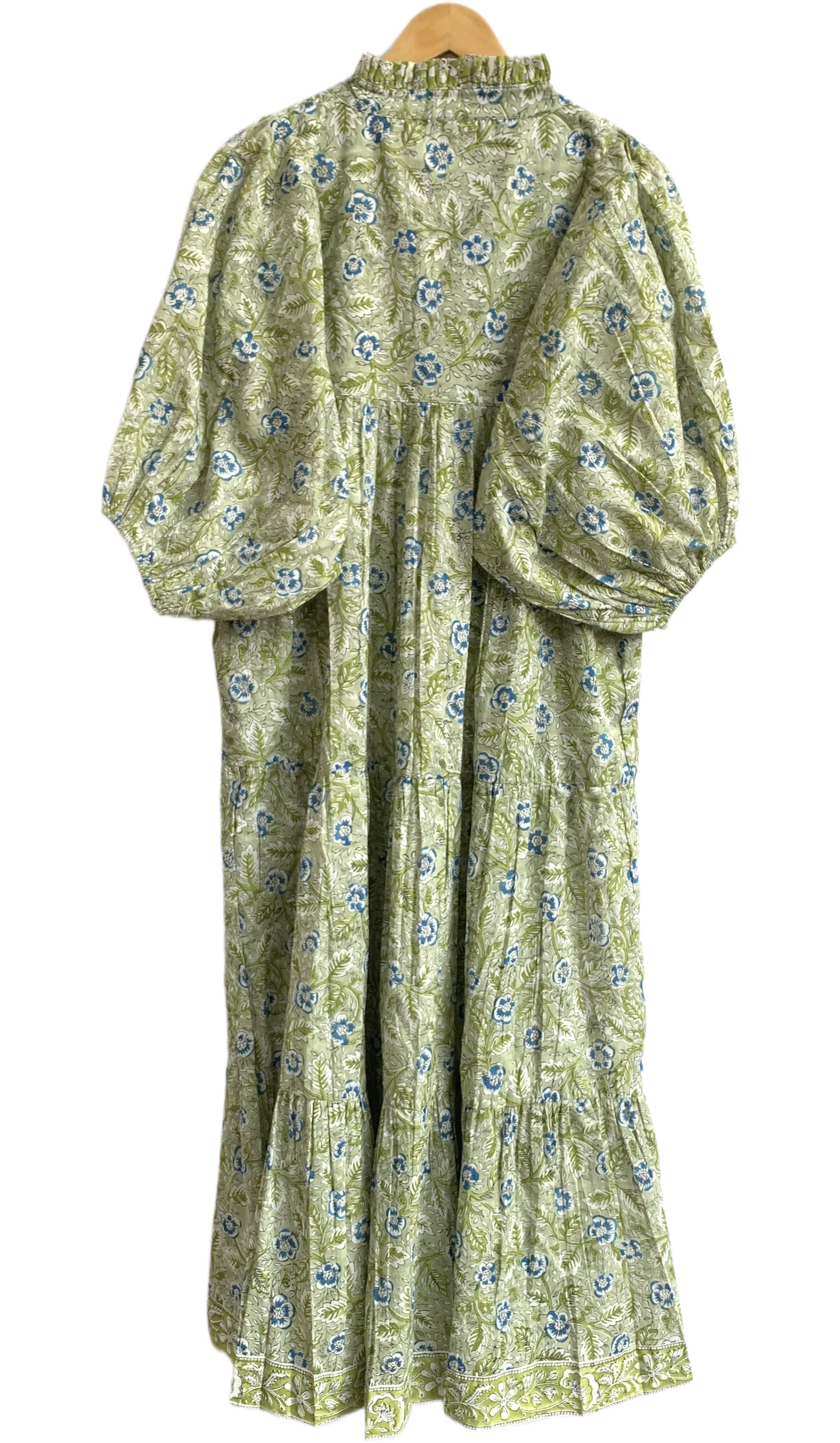 Olive Green Floral Hand Block Printed Cotton Maxi Dress – Indian Boho Tiered Long Dress