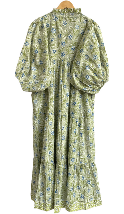 Olive Green Floral Hand Block Printed Cotton Maxi Dress – Indian Boho Tiered Long Dress