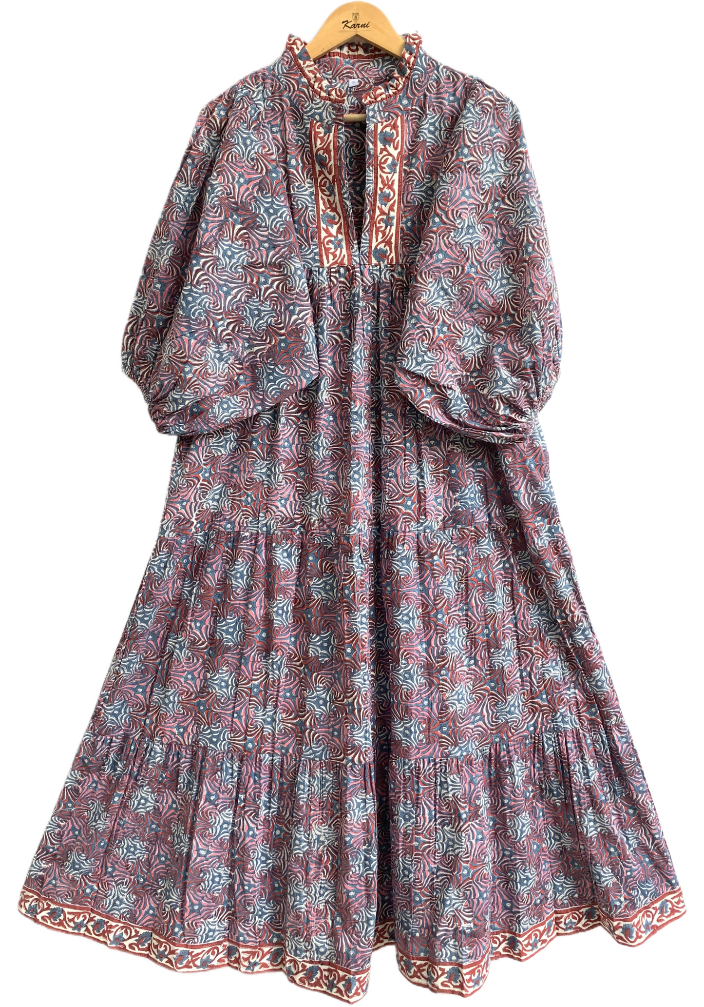 Grey blue Floral Hand Block Printed Cotton Maxi Dress – Indian Boho Tiered Long Dress