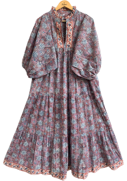 Grey blue Floral Hand Block Printed Cotton Maxi Dress – Indian Boho Tiered Long Dress
