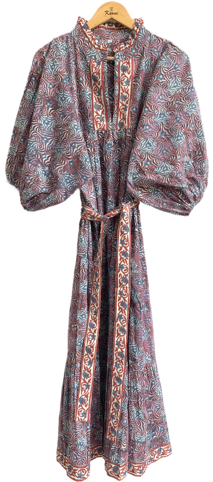 Grey blue Floral Hand Block Printed Cotton Maxi Dress – Indian Boho Tiered Long Dress