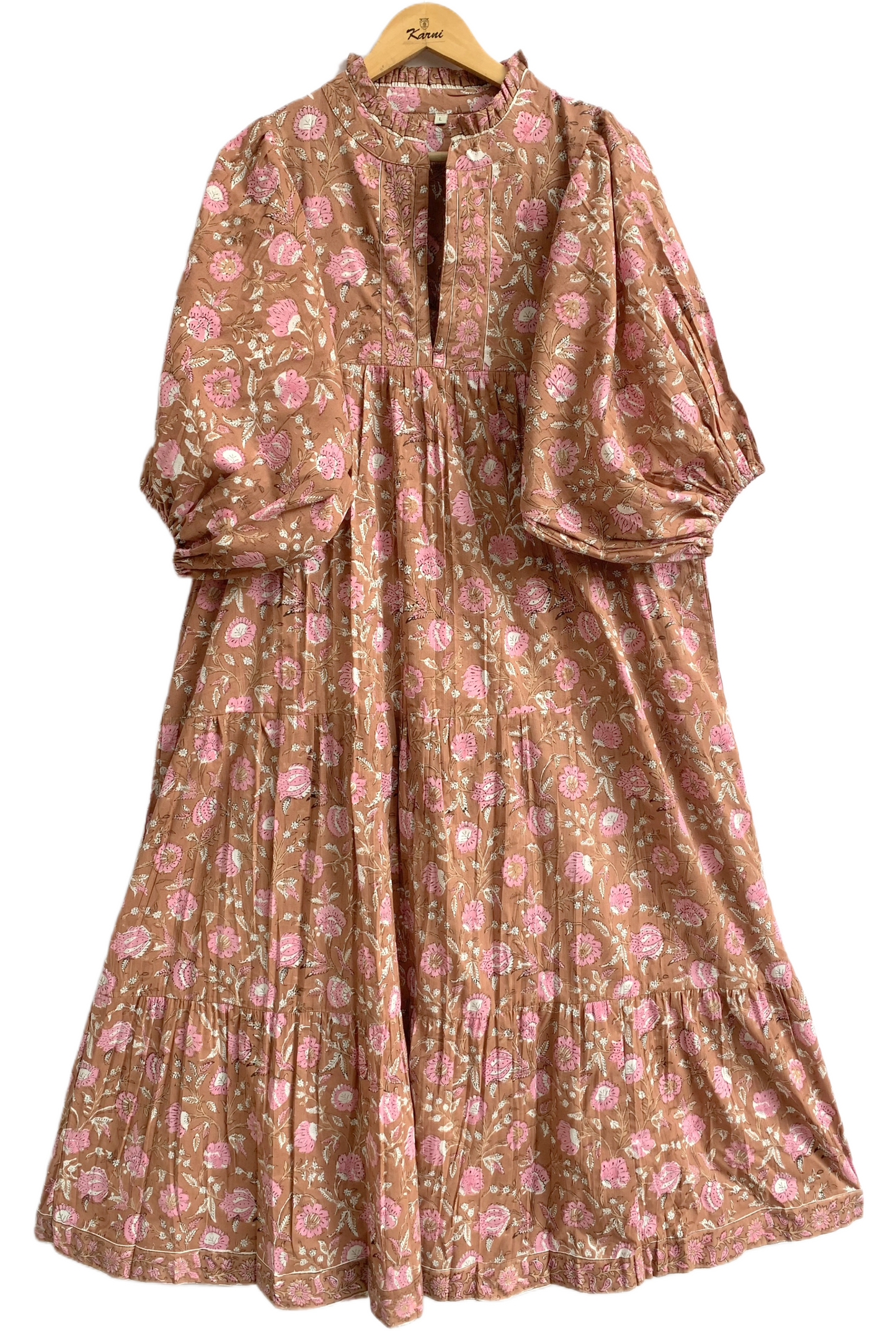 Brown Pink Floral Hand Block Printed Cotton Maxi Dress – Indian Boho Tiered Long Dress