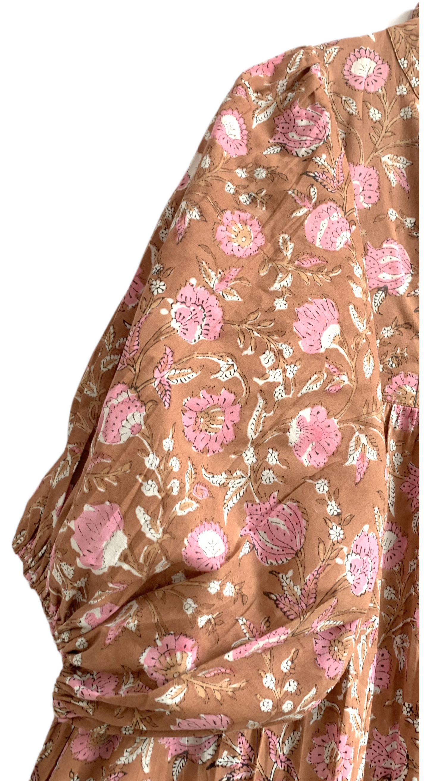 Brown Pink Floral Hand Block Printed Cotton Maxi Dress – Indian Boho Tiered Long Dress