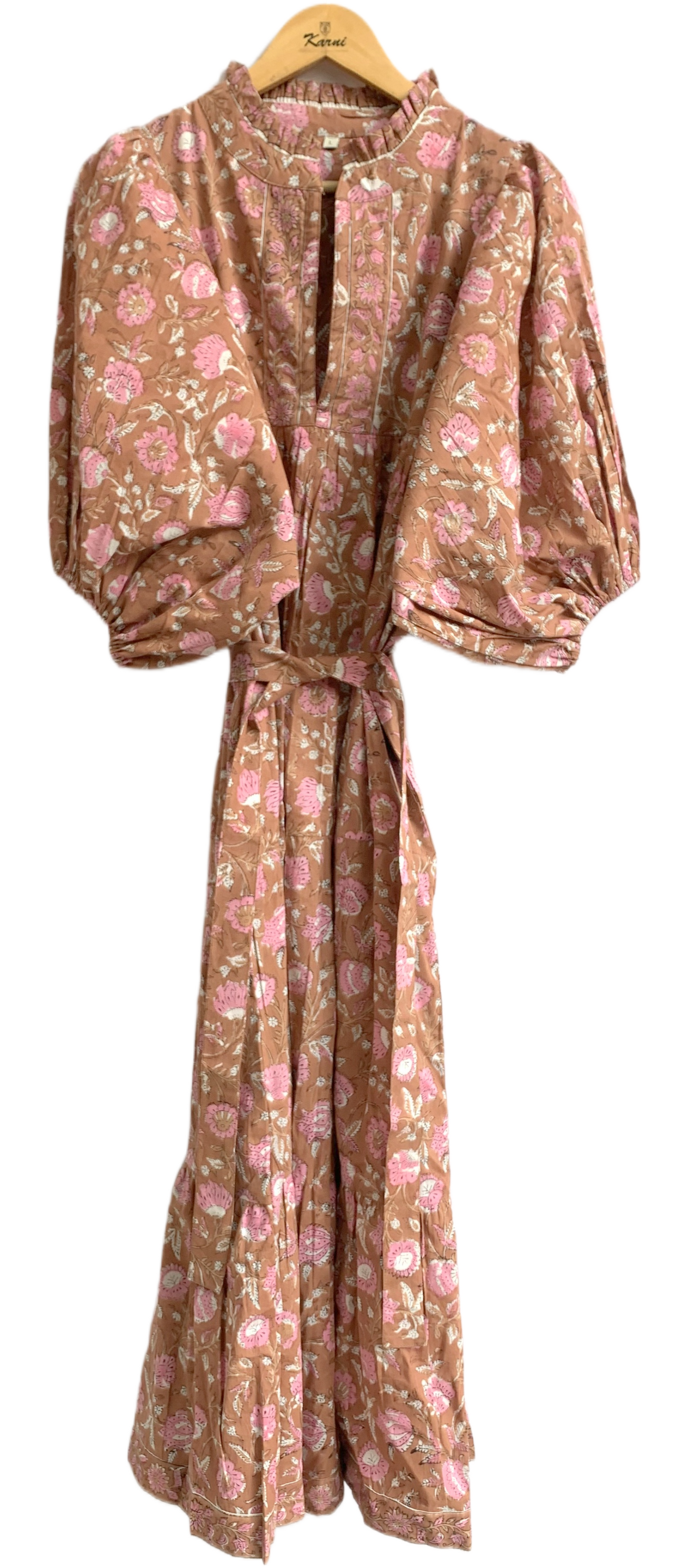 Brown Pink Floral Hand Block Printed Cotton Maxi Dress – Indian Boho Tiered Long Dress
