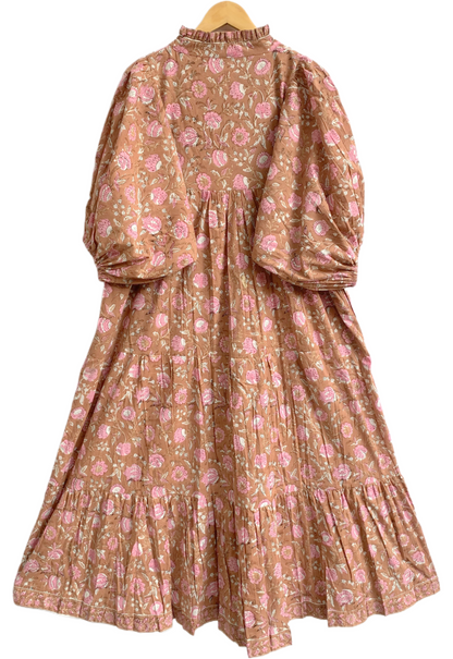 Brown Pink Floral Hand Block Printed Cotton Maxi Dress – Indian Boho Tiered Long Dress