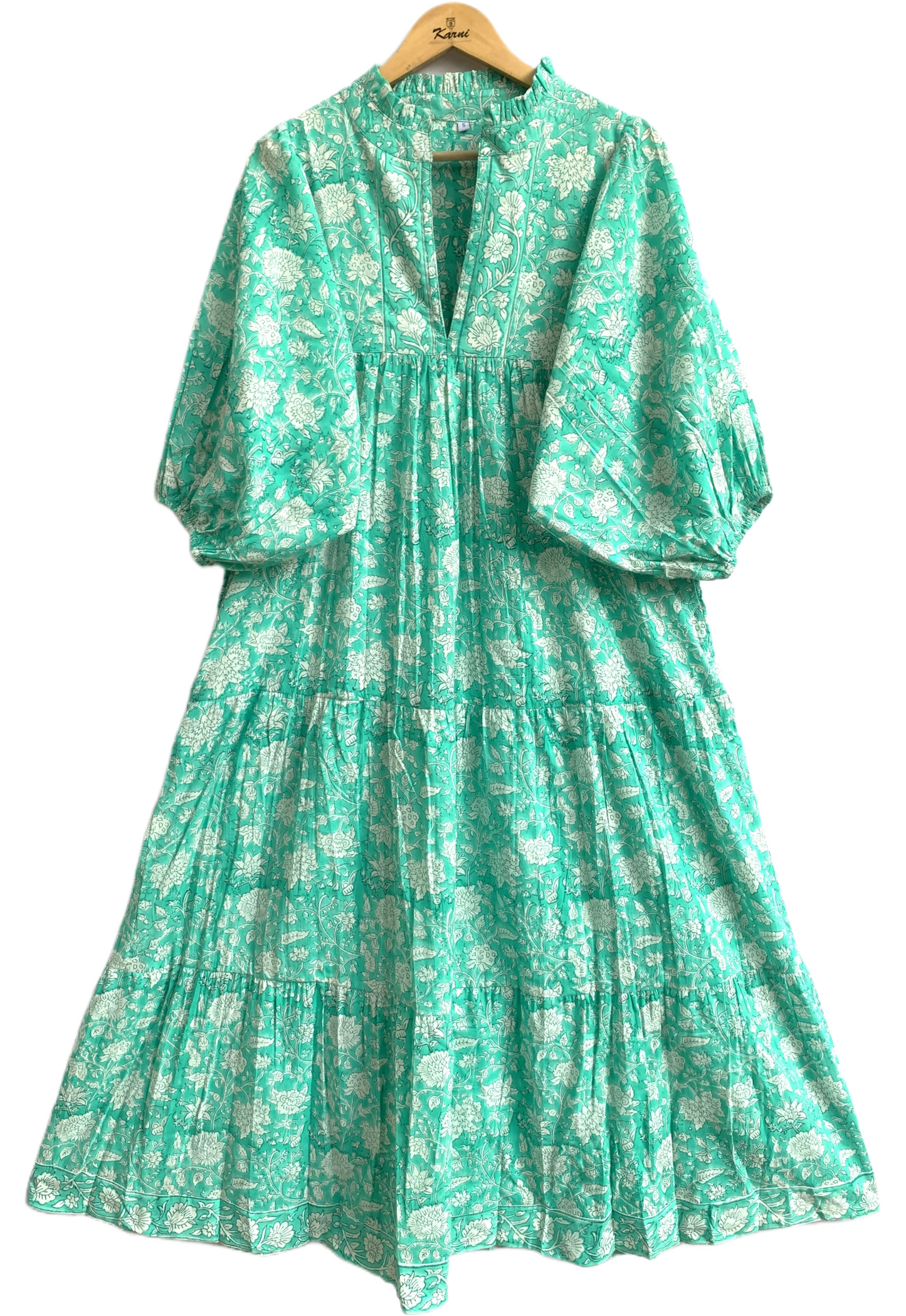 Mint Green Floral Hand Block Printed Cotton Maxi Dress – Indian Boho Tiered Long Dress