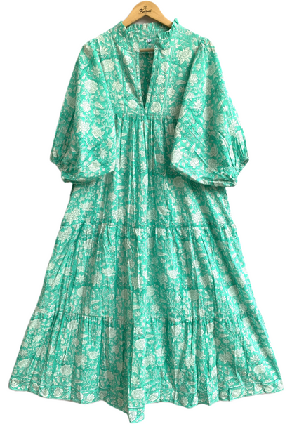 Mint Green Floral Hand Block Printed Cotton Maxi Dress – Indian Boho Tiered Long Dress