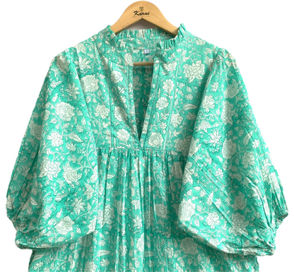 Mint Green Floral Hand Block Printed Cotton Maxi Dress – Indian Boho Tiered Long Dress