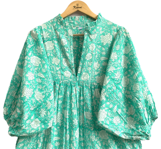 Mint Green Floral Hand Block Printed Cotton Maxi Dress – Indian Boho Tiered Long Dress