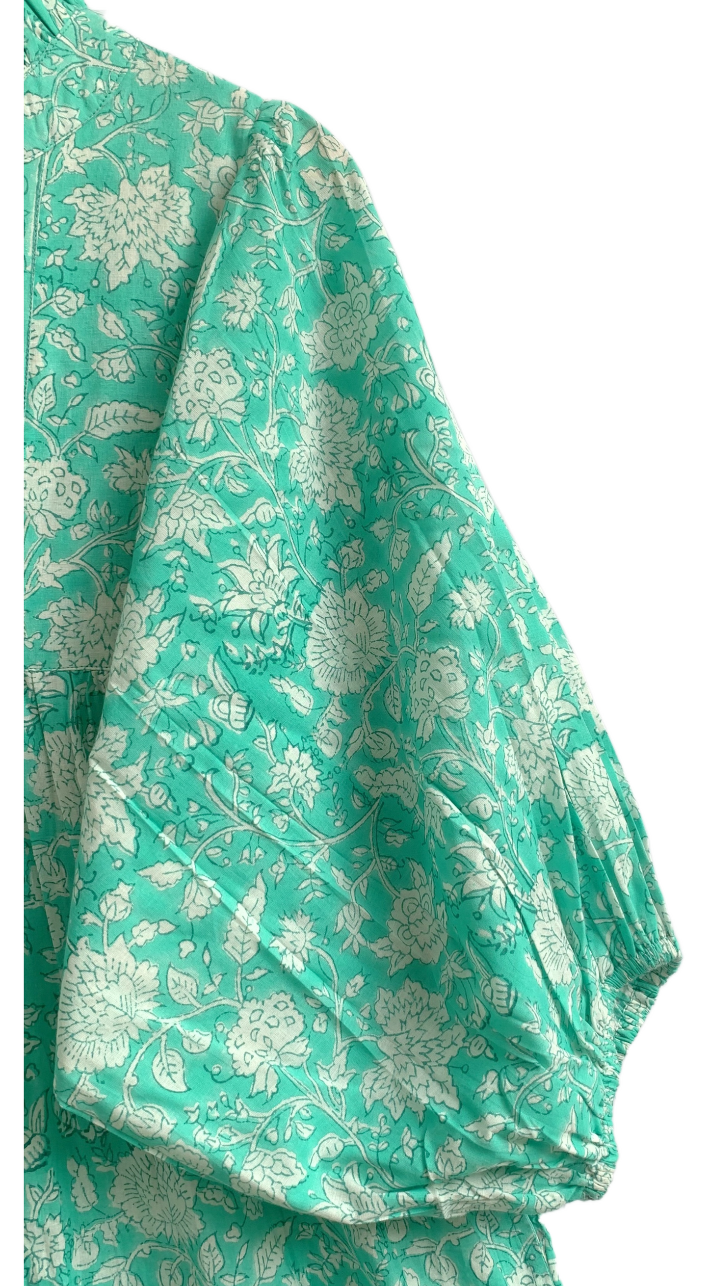 Mint Green Floral Hand Block Printed Cotton Maxi Dress – Indian Boho Tiered Long Dress