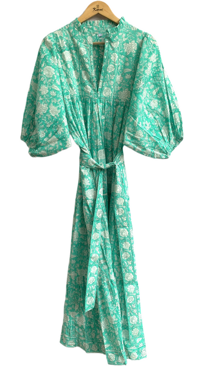 Mint Green Floral Hand Block Printed Cotton Maxi Dress – Indian Boho Tiered Long Dress
