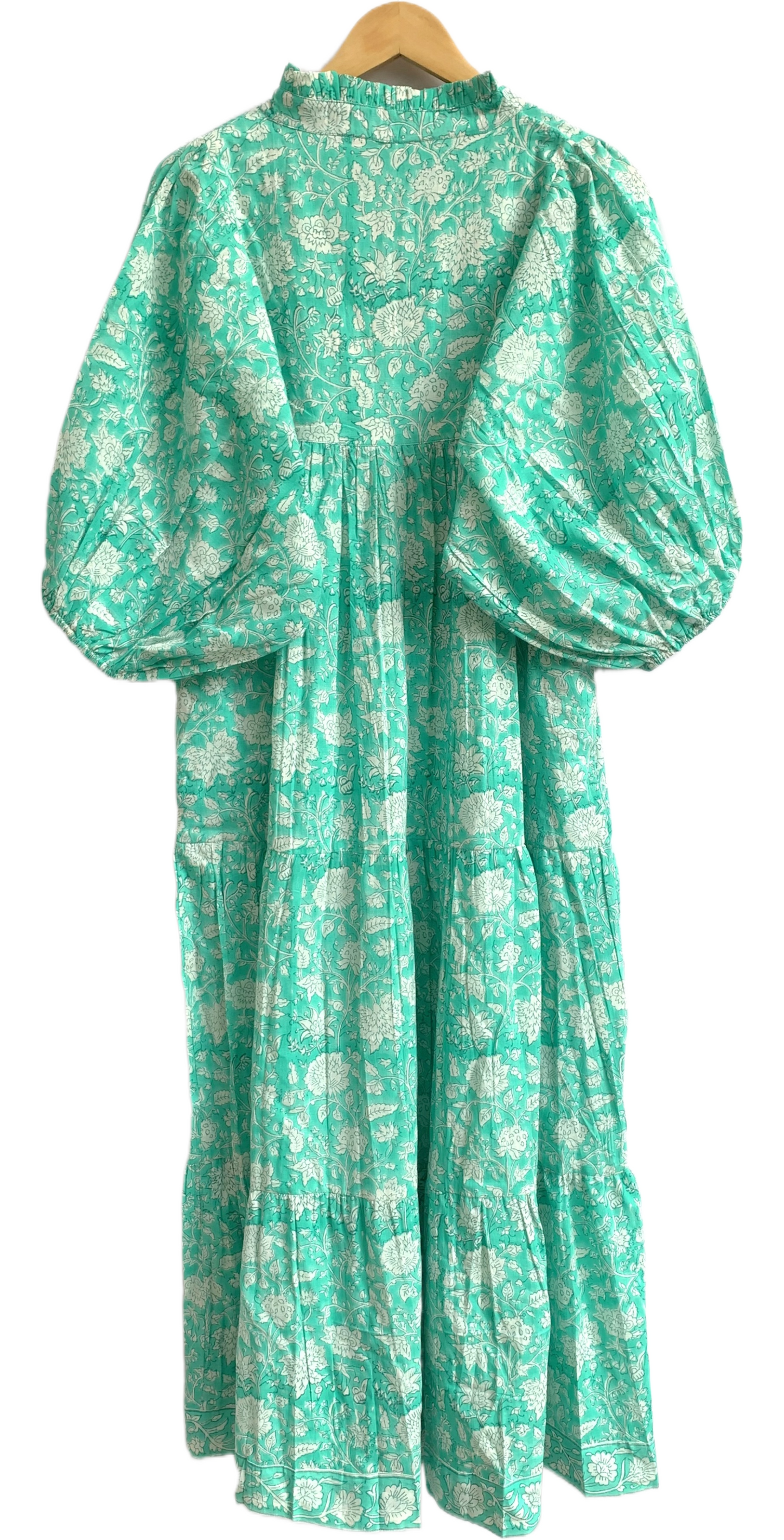Mint Green Floral Hand Block Printed Cotton Maxi Dress – Indian Boho Tiered Long Dress