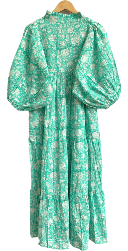 Mint Green Floral Hand Block Printed Cotton Maxi Dress – Indian Boho Tiered Long Dress