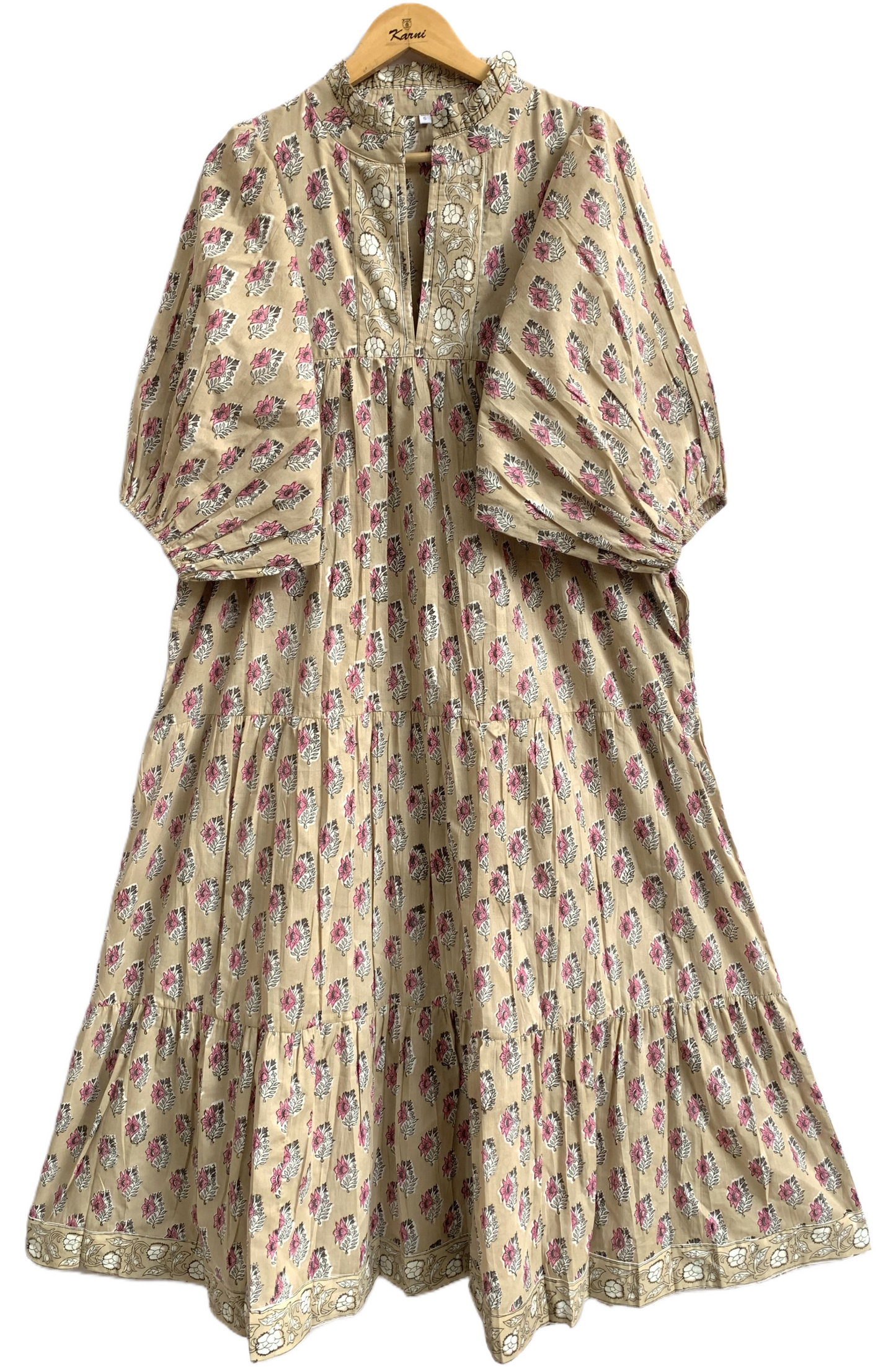 Sand Beige Pink Block Print Cotton Maxi Dress – Puff Sleeve Boho Tiered Dress