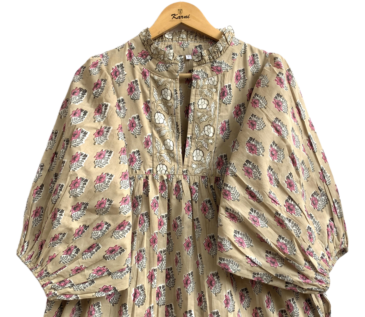 Sand Beige Pink Block Print Cotton Maxi Dress – Puff Sleeve Boho Tiered Dress