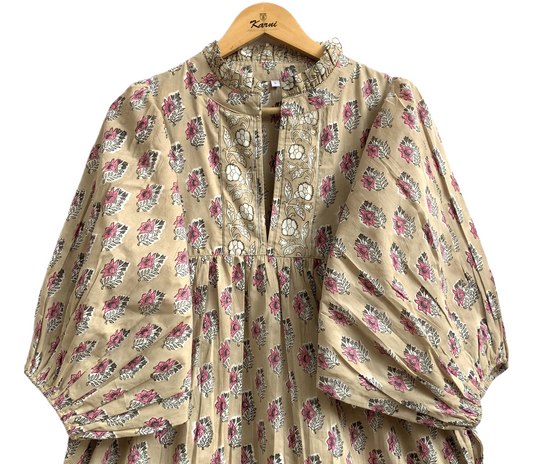 Sand Beige Pink Block Print Cotton Maxi Dress – Puff Sleeve Boho Tiered Dress