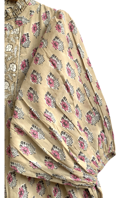 Sand Beige Pink Block Print Cotton Maxi Dress – Puff Sleeve Boho Tiered Dress