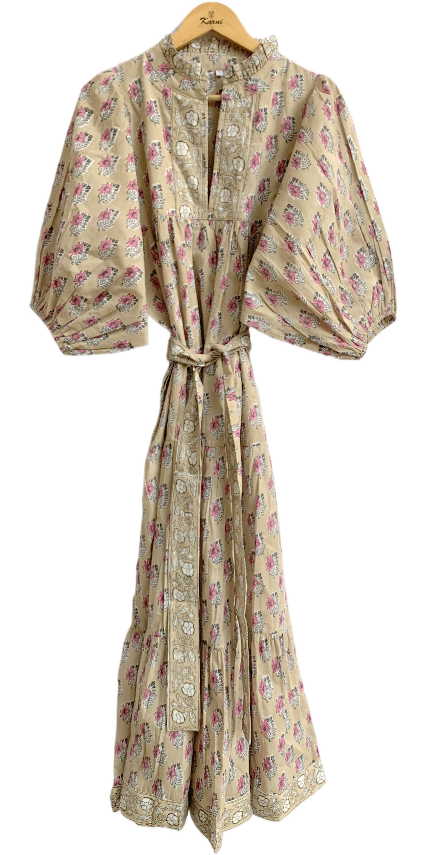 Sand Beige Pink Block Print Cotton Maxi Dress – Puff Sleeve Boho Tiered Dress