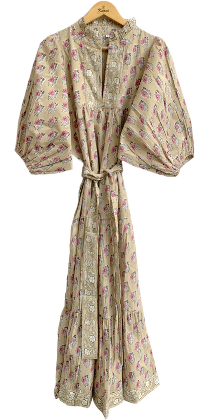 Sand Beige Pink Block Print Cotton Maxi Dress – Puff Sleeve Boho Tiered Dress