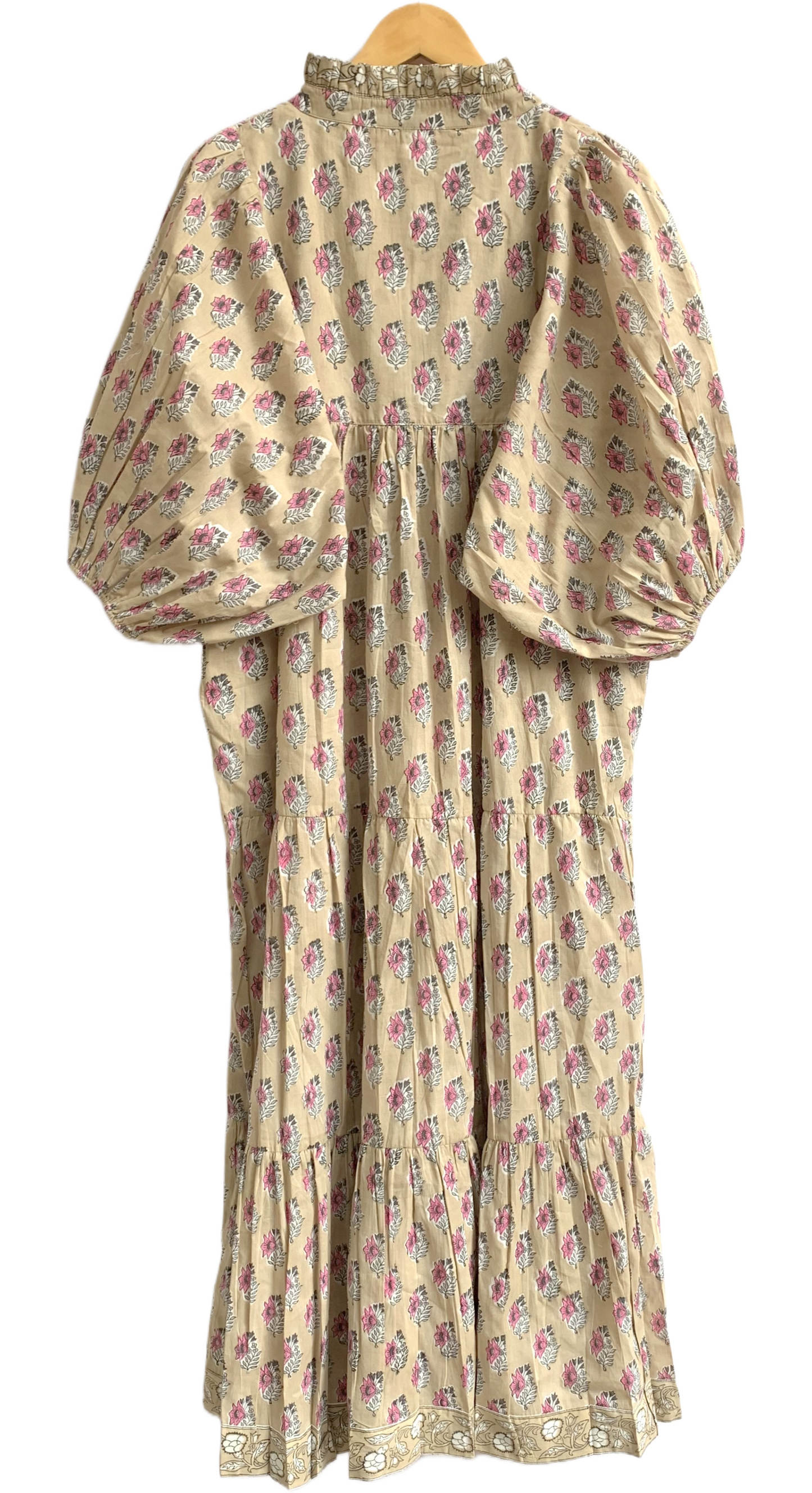 Sand Beige Pink Block Print Cotton Maxi Dress – Puff Sleeve Boho Tiered Dress