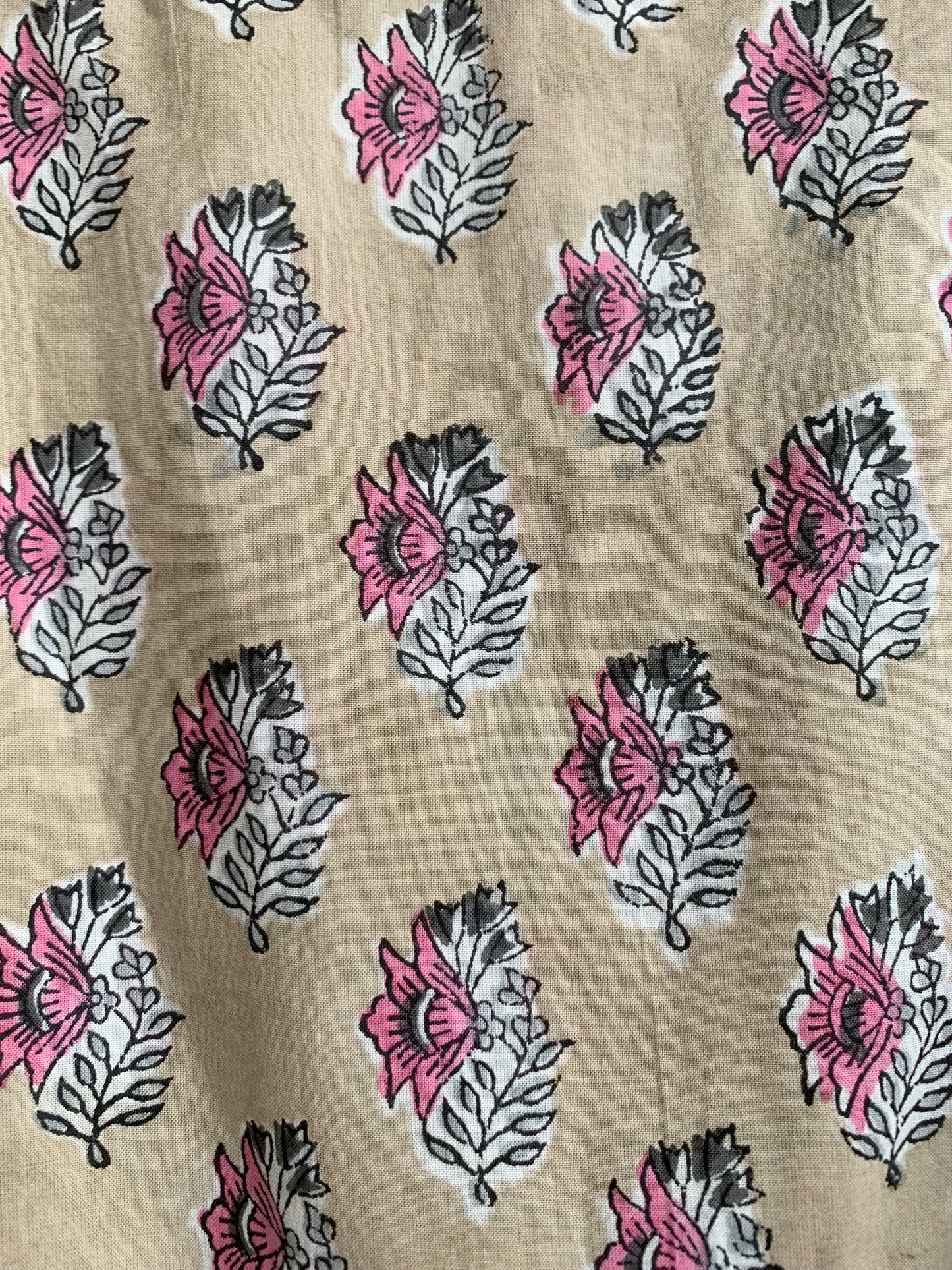 Sand Beige Pink Block Print Cotton Maxi Dress – Puff Sleeve Boho Tiered Dress