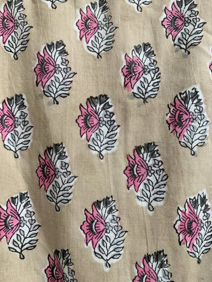 Sand Beige Pink Block Print Cotton Maxi Dress – Puff Sleeve Boho Tiered Dress